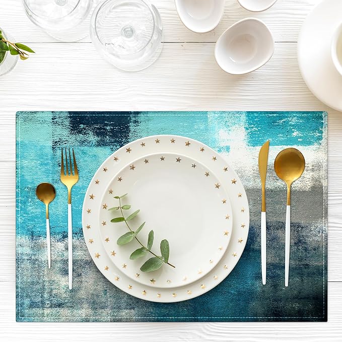 Teal and Gray Placemats Washable, Linen Rectangular Place Mats Set of 4, Dining Table Decor for Living Room, Kitchen, Farmhouse and Outdoor