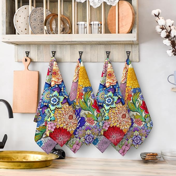 Boho Floral Kitchen Dish Towels Decorative Set of 4, Colorful Kitchen Stuff Hand & Tea Towels for Cleaning Drying, Baking Cooking Lover Gifts for Chef Cooks Women, Housewarming Gifts for Women