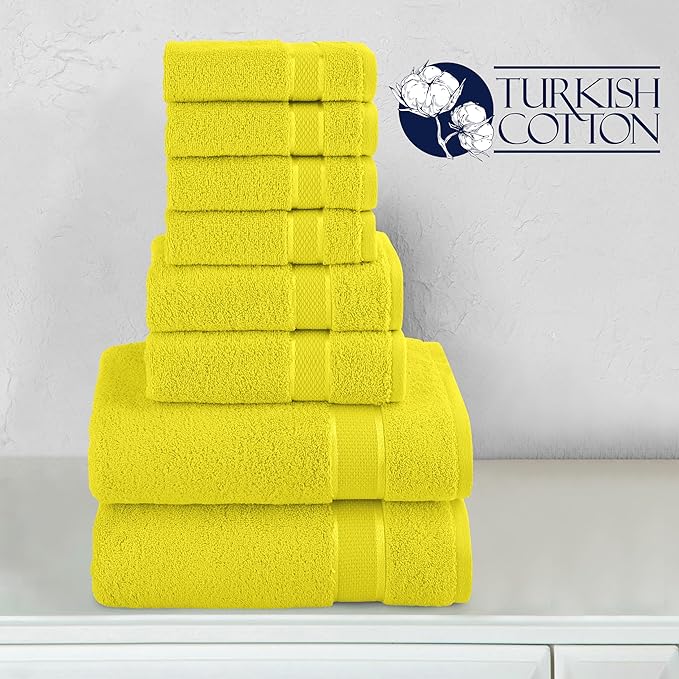 Elegant Comfort Premium Cotton 8-Piece Towel Set, Includes 4 Washcloths, 2 Hand Towels and 2 Bath Towels, 100% Turkish Cotton - Highly Absorbent and Super Soft Towels for Bathroom, Yellow