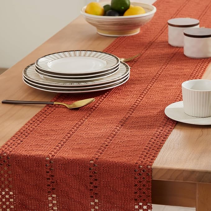 ZeeMart Macrame Style Boho Table Runner, Rust Table Runners 36 Inches Long, Farmhouse Woven Home Decor, 12x36 Inch, Rust