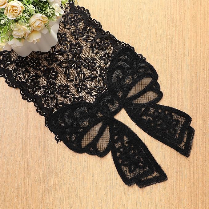Black Lace Table Runner with Big Bow Ends 12 x 71 Inch Vintage Rectangle Macrame Embroidered Runner French Style Tablecloth for Wedding Kitchen Dining Table Home Decor