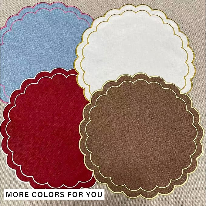 Linen Cotton Placemats Set of 4 Scalloped Flower Embroidery Place Mats 15'' Natural Linen Texture Fabric Machine Washable Table Mats for Restaurant Kitchen,Table Decor(White)