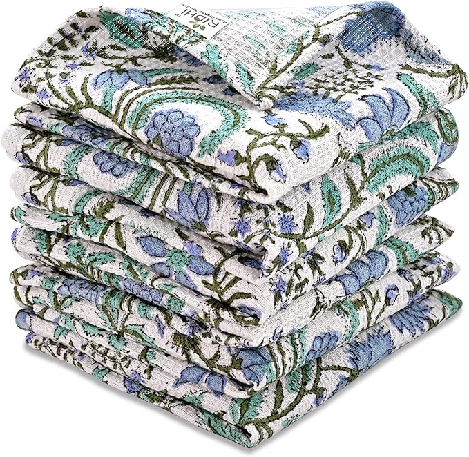 Ridhi Columbia Blue Hand Block Print Cotton Waffle Dish Cloth Set of 6-12x12 Inch Super Absorbent, Soft, Reusable Kitchen Towels for Dish Drying Cleaning, Ideal for Spring, Easter, Valentine