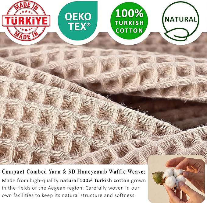 PÜSKÜL Natural 100% Turkish Cotton Waffle Kitchen Towels Set of 3 | Oeko-Tex, Premium Waffle Hand Towels for Bathroom | Soft Absorbent Quick-Dry Lint-Free Dish Towel Large 32x16 inch (3, Beige)