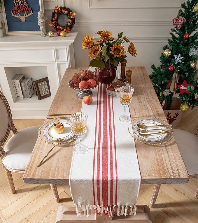 Christmas Table Runner 13 x 60 Inch for Dining Table, Boho décor Coffee Table Runner with Handcrafted Tassels, red and Beige Stripe Table Runner for Holiday, Winter