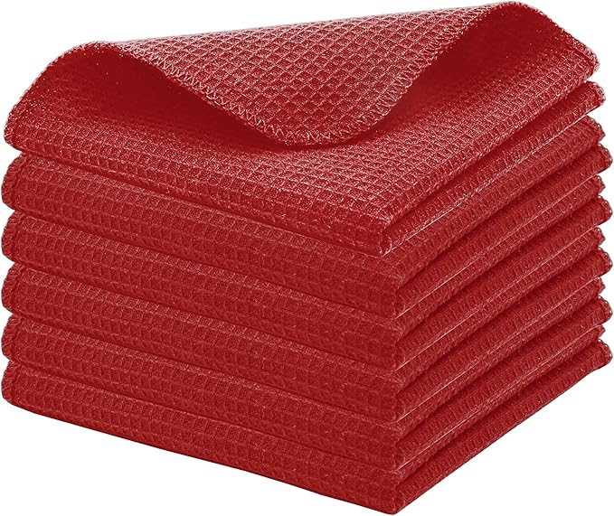 PurpleEssences Dish Cloths and Dish Rags - 6 Pack Waffle Weave Solid Kitchen Dish Wash Cloths, 100% Cotton, 12x12 Inches, Ultra Soft Absorbent Quick Drying - Spring Easter Summer - Red