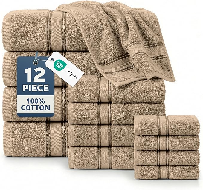 LANE LINEN Towel Sets for Bathroom - 12-Pack 100% Cotton Towels, Zero Twist, 4 Bath, 4 Hand & 4 Washcloths, Soft & Highly Absorbent, Premium Hotel & Spa-Quality Design, Easy to wash - Tapue