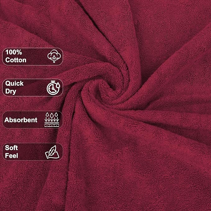 GOLD TEXTILES Premium Red Wine 100% Cotton Bath Towels Set (24 Pack, 24 x 50 Inch) High Absorbency Multipurpose Quick Drying Pool Gym Hotel Spa Bath Towel (24, Red Wine)