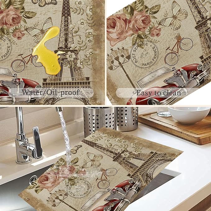 Eiffel Tower in Paris Placemats Set of 6,Washable Heat Resistant 12×18 Inch Linen Table Mats Vintage Place Mats for Party Outdoor Dining Décor