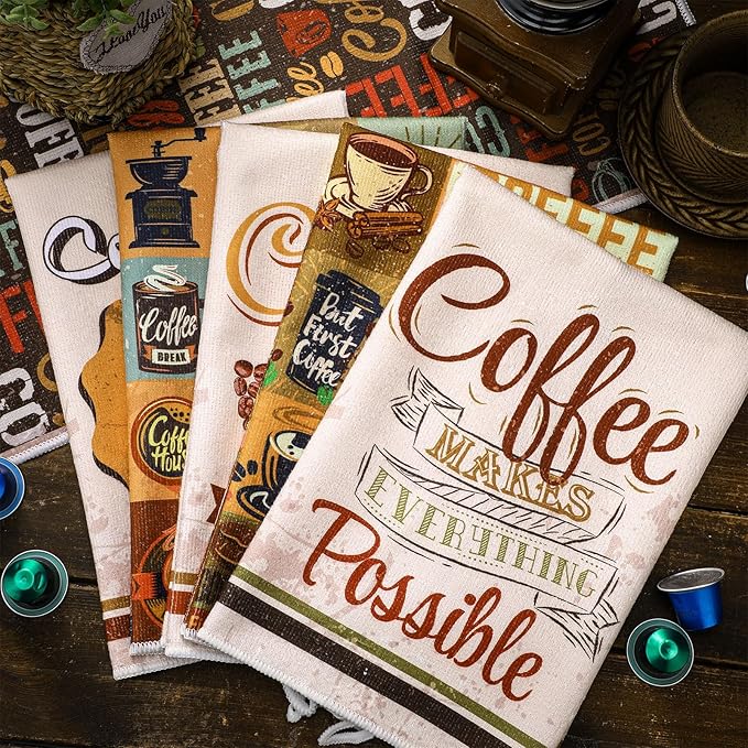 Bencailor 6 Pcs Coffee Kitchen Towels Decorative Sets Dish Towels Absorbent Fast Drying Hand Tea Vintage Hanging Reusable Cleaning Dishcloths for Cooking Farmhouse Bathroom Accessory