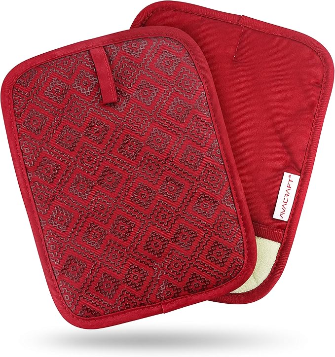 AVACRAFT Red Pot Holders Set, Flexible, 100% Cotton with Non-Slip Heat Resistant Silicone Design, Thick Terry Cloth Interior, Hot Pads, 500 F Heat Resistant Kitchen Mitts (Red Pot Holder)
