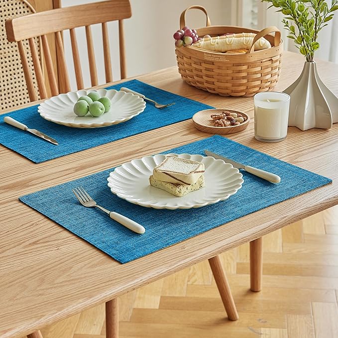Softalker Faux Linen Placemats Set of 8-12 x 18 Inch, Heat Resistant Double Layered Durable Burlap Farmhouse Place Mats, Non-Slip Washable Rustic Table Mats for Dining, Kitchen, Party（Sky Blue