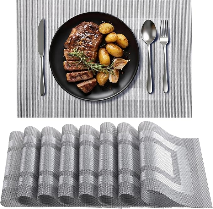 Timeet Gray Placemats Set of 8, Heat Resistant Non-Slip Place Mats, Durable Washable PVC Vinyl Woven Table Mats, Wipeable Placemats for Dining Table Easy to Clean