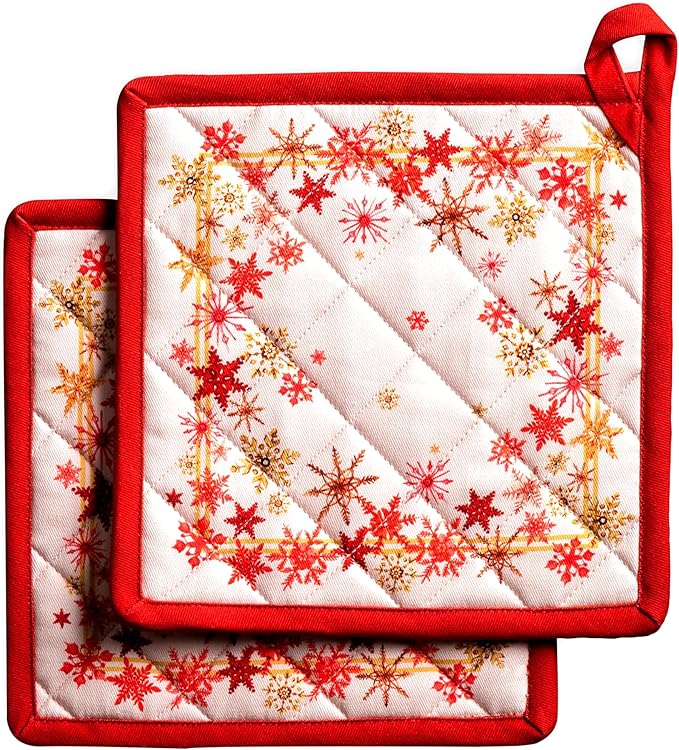 Maison d' Hermine Pot Holders Set 100% Cotton Heat Resistant Potholders 8" x 8" Hot Pads with Loop for Thanksgiving Christmas Decorations BBQ Cooking Baking Handling Hot Pans (Pack of 2, Crystal Star)