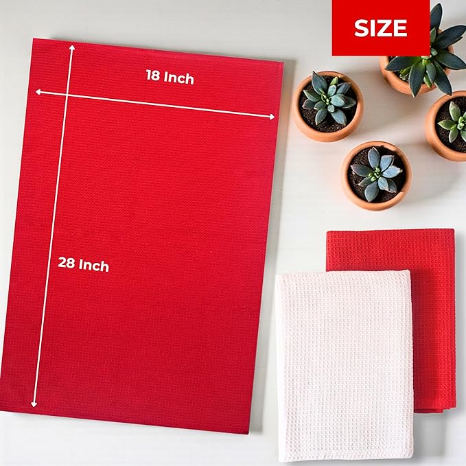 Highly Absorbent Cotton Dish Towels for Drying - Set of 3+3 - Red + White Kitchen Towels - 18"X28" Lint Free Waffle Weave Cloth Linen Hand Bathroom Bulk Dishtowels