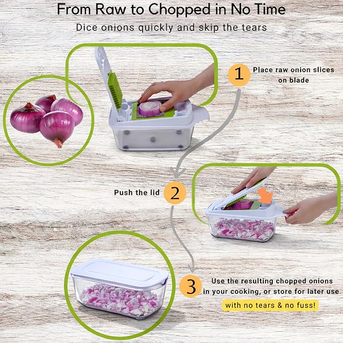 Brieftons QuickPush Food Chopper: Strongest & 200% More Container Capacity, 30% Heavier Duty, For Onion, Fruit and Vegetable Chopping, with 3 Dicer Cutter Blades, Keep-Fresh Lid, and 5 Recipe Ebooks