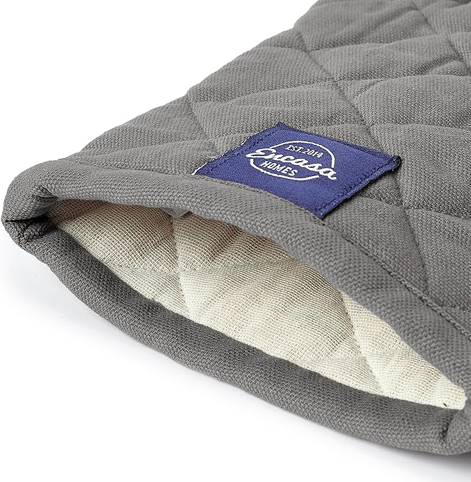 Encasa XO Heat Resistant Cotton Oven Gloves Mitts (2 Pc Set) - Quilted & Safe 12x6.6 in - for Kitchen, Cooking & Baking, Grilling, Handling Hot Pots & Pans - Grey
