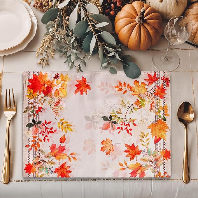 Maison d' Hermine Placemats Set of 4 100% Cotton Washable Cloth Place Mats, Reusable Table Mats for Thanksgiving Christmas Decorations Kitchen Dining Party Wedding Restaurant (Amarante, 13" x 19")