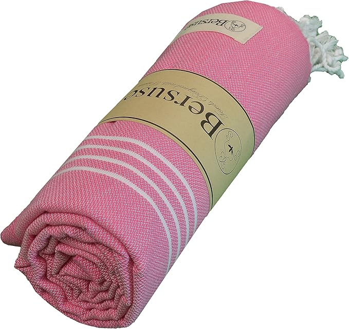 Bersuse Towels Anatolia XL Beach Blanket Throw Blanket Turkish Towel 100% Cotton Extra-Large Quick-Dry Lightweight Premium Peshtemal Towel - 61x82 Inches, Pink (Set of 3)