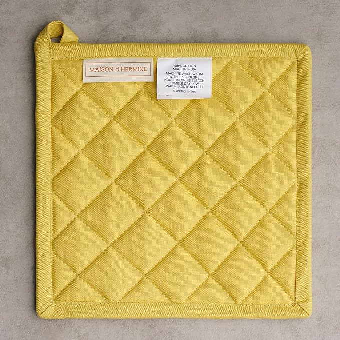 Maison d' Hermine Pot Holders 100% Cotton Heat Resistant Potholders 8" x 8" Hot Pads with Loop BBQ Cooking Baking Gifts for Mothers Day Handling Hot Pans Spring/Summer (Pack of 1, Limoncello)