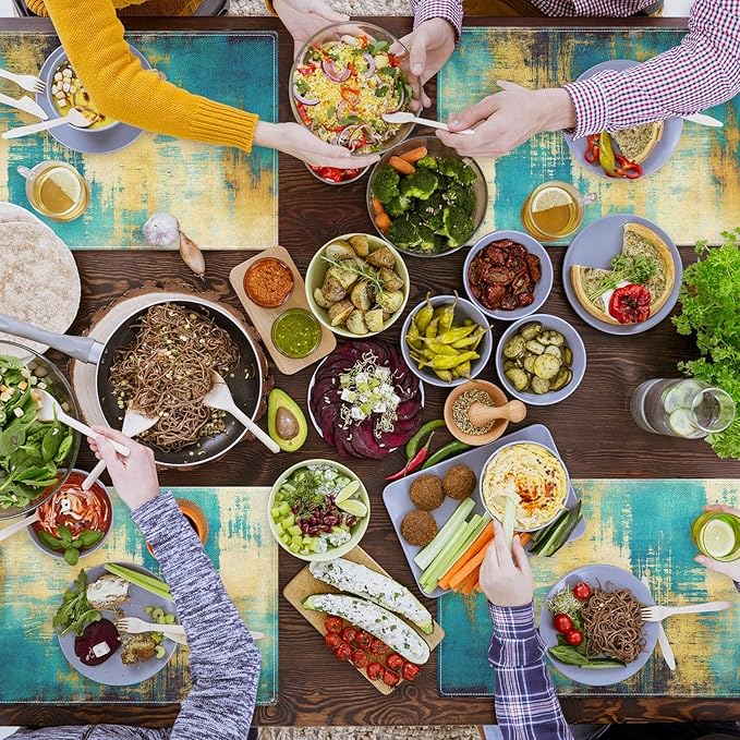 Emvency Farmhouse Placemats Set of 4, Abstract Turquoise and Yellow Vintage Art Painting 12x18 Inch Table Mats for Outdoor Home Party Kitchen Dining Decoration