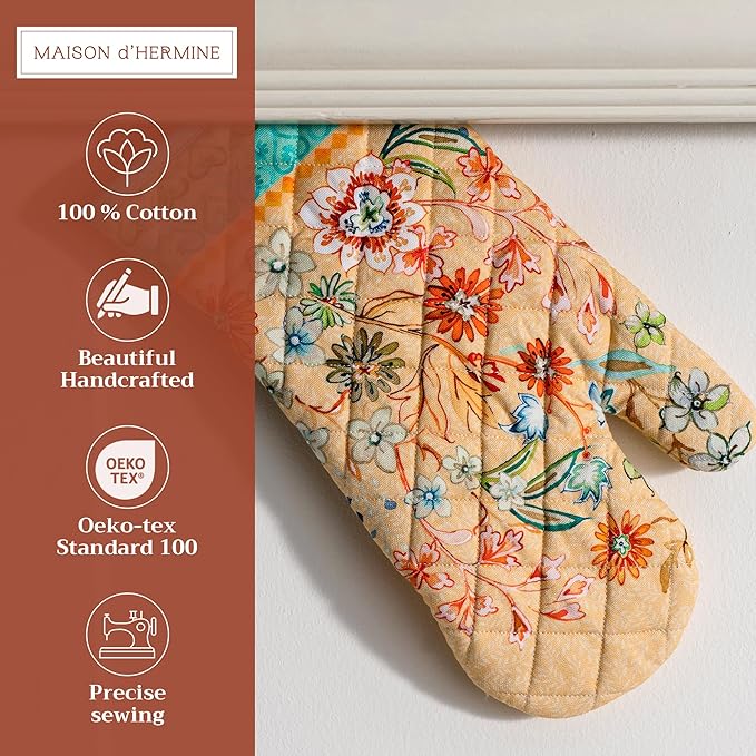 Maison d'Hermine Oven Gloves 100% Cotton Oven Mitt 7" x 13" with Loop Heat Resistant BBQ Cooking Gloves Baking Grilling Gifts for Mothers Day Spring/Summer (Pack of 1, Luxury Loft - Peach)