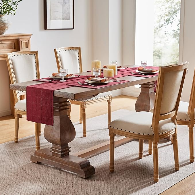 ZeeMart Linen Checked Placemats Set of 6, Plaid Embroidery Textured Table Mats, Double Layer Thick Farmhouse Rustic Place Mats for Kitchen Dining Table Home Decor, Burgundy 13x19 Inch