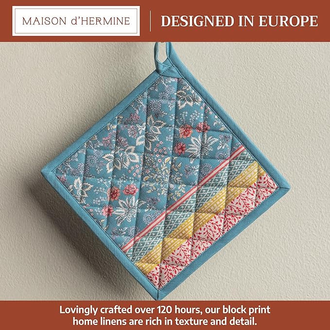 Maison d' Hermine Pot Holders 100% Cotton Heat Resistant Potholders 8" x 8" Hot Pads with Loop BBQ Cooking Baking Gifts for Mothers Day Handling Hot Pans Spring/Summer (Pack of 1, Marquise)