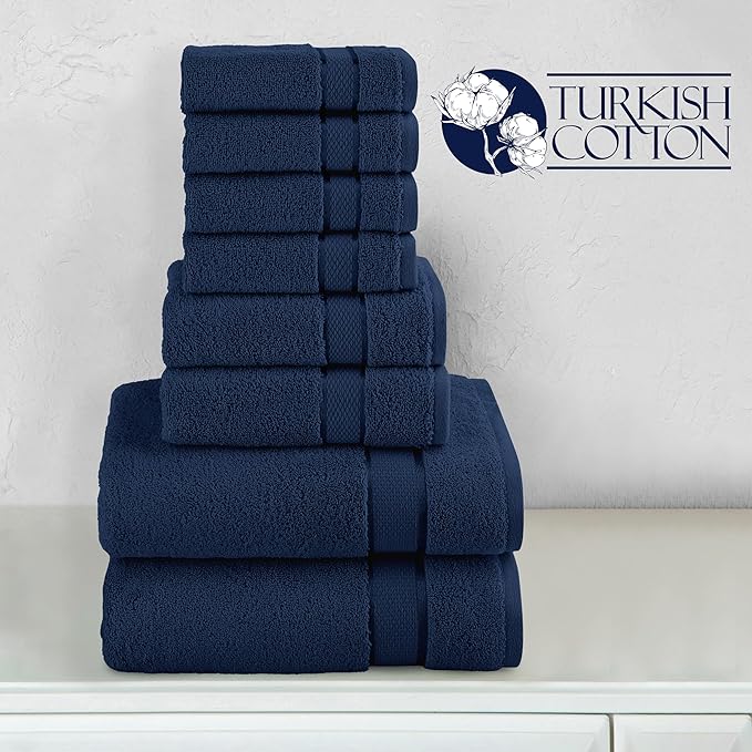 Elegant Comfort Premium Cotton 8-Piece Towel Set, Includes 4 Washcloths, 2 Hand Towels and 2 Bath Towels, 100% Turkish Cotton - Highly Absorbent and Super Soft Towels for Bathroom, Navy