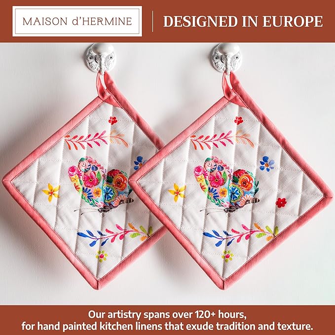 Maison d' Hermine Pot Holders 100% Cotton Heat Resistant Potholders 8" x 8" Hot Pads with Loop Baking Gifts for Mothers Day Handling Hot Pans Spring/Summer(Pack of 2, Happy Florals - High Summer)