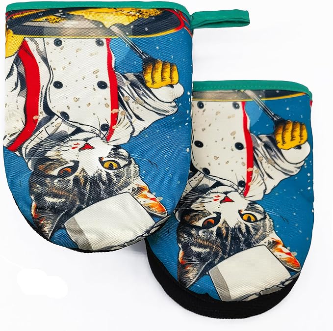 Cat Chef Oven Mitts, High Heat Resistant Kitchen Oven Gloves, Mini Silicone Oven Mitts, Non-Slip Grip Surfaces and Hanging Loop for Grilling, Baking, Cooking and Microwave, Gift