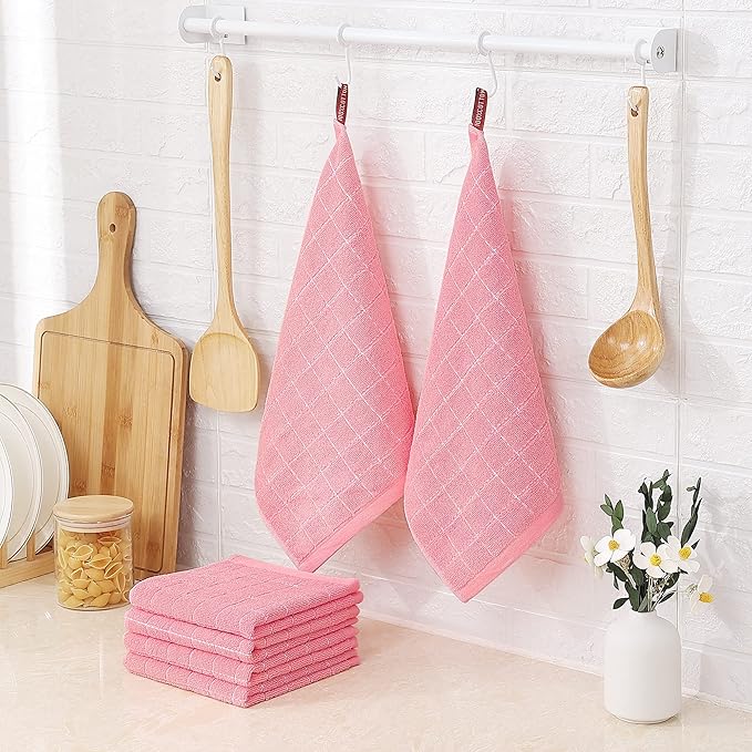 Homaxy 100% Cotton Terry Kitchen Dish Cloths, Ultra Soft and Absorbent Dish Towels for Kitchen, Suitable for Drying and Washing Dishes, 4 Pack, 12 x 12 Inches, Pink