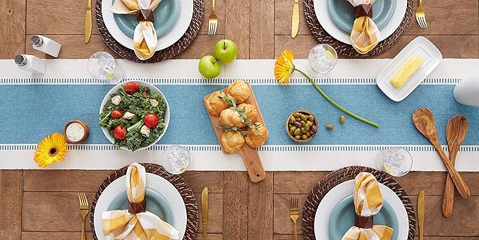 DII Dobby Stripe Woven Table Runner, 13x72 (13x77.5, Fringe Included), Storm Blue