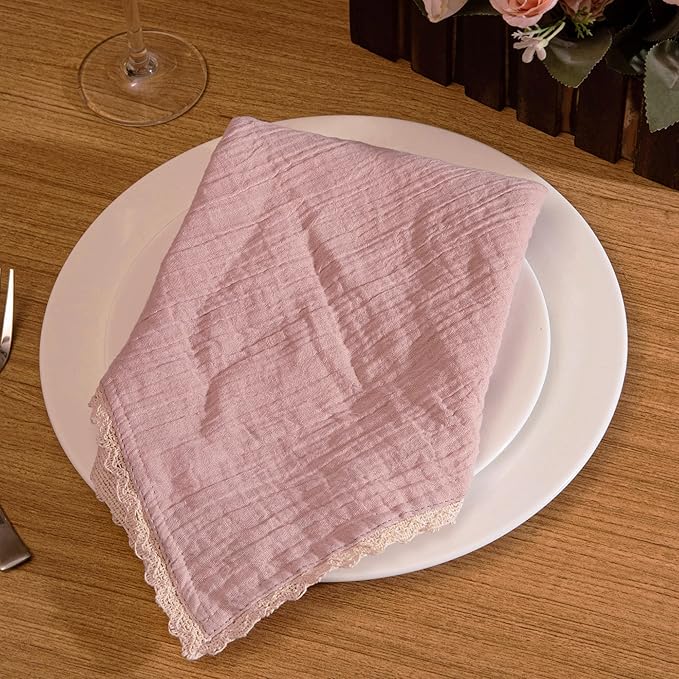 FINGERCRAFT Dinner Cloth Napkin Cotton Muslin Double Gauze 12 Pack with Classic Lace for Everyday Use, Wedding, Party, Christmas, Easter Napkins Cloth are Pre Shrunk and Good Absorbency Peach Wipe