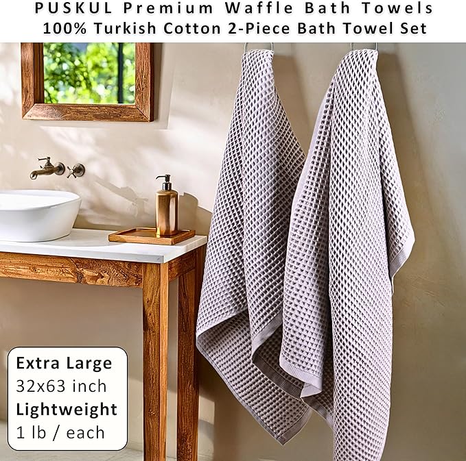 PÜSKÜL Natural 100% Turkish Cotton Waffle Bath Towels Set of 2-Piece | 32x63 inch Extra Large Absorbent Quick-Dry Lightweight Spa Towel | Luxury Sauna Accessories (Gray, Bath Towels - Pack of 2)
