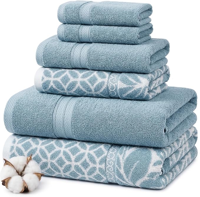 Modern Threads Botanical Vine 6-Piece 100% Cotton Towel Set – Reversible Yarn Dyed Jacquard – Includes 2 Bath Towels, 2 Hand Towels, 2 Washcloths – Absorbent, Quick Dry, Soft & Durable – Blue