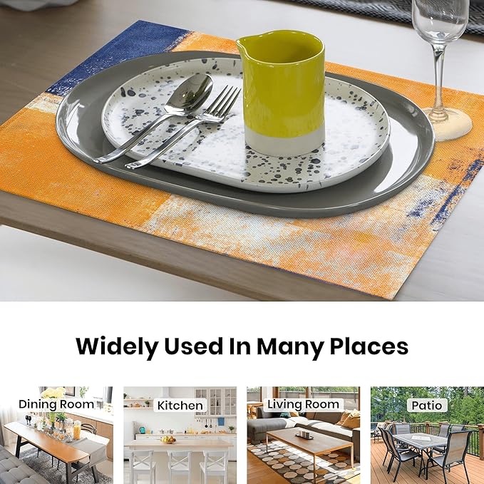 Modern Art Placemats Set of 4 Yellow Abstract Painting Place Mats Washable Linen Blue Placemat for Kitchen Dining Table Home Dinner Party Decor 18x12 Inches