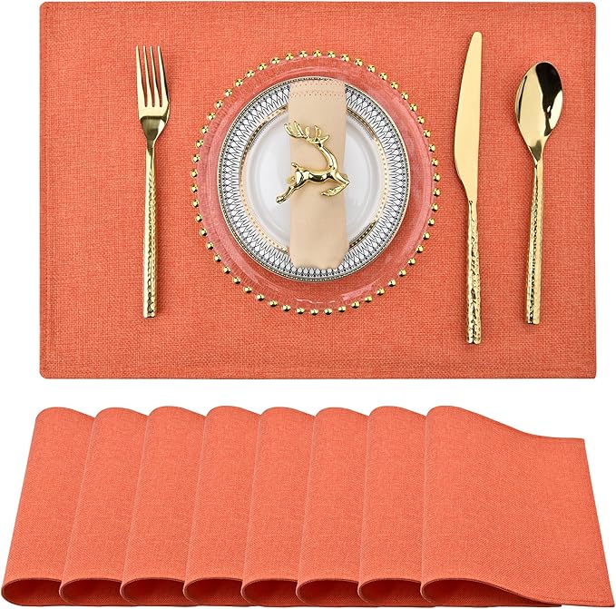 SLKQG Orange Linen Placemats Set of 8 - Heat Resistant & Machine Washable Table Mats for Holiday Dining, Double-Layered Fabric for Family Gatherings - Indoor Outdoor Use (8, Orange)