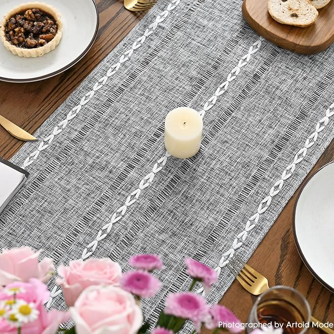 Artoid Mode Dark Grey Rustic Cotton Linen Table Runner, Seasonal Embroidered Hollow Kitchen Dining Table Decoration for Home Party Decor 13x36 Inch