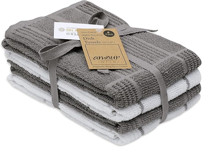 AMOUR INFINI Kitchen Towels Pack of 4, Terry Cotton Dish Towels, Ultra Absorbent, Quick Drying Hand & Tea Towels, Soft Durable Cleaning Cloths with Hanging Loop, 16 x 26 Inch (L.Grey)