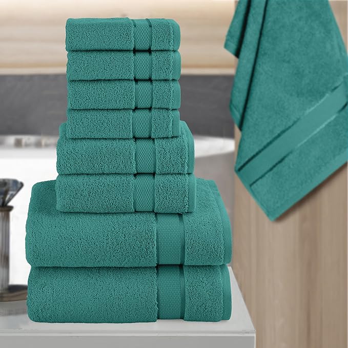 Elegant Comfort Premium Cotton 8-Piece Towel Set, Includes 4 Washcloths, 2 Hand Towels and 2 Bath Towels, 100% Turkish Cotton - Highly Absorbent and Super Soft Towels for Bathroom, Turquoise