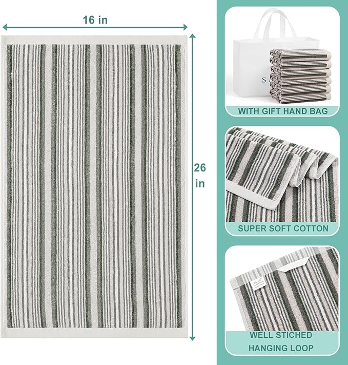 SALAS Kitchen Dish Towels for Drying Dishes, Large Cotton Kitchen Towels, Stripped Terry Dish Cloths, Thick Highly Absorbent Towel Sets with Hanging Loop, 16" X 26", 6 Packs, Grey with Green