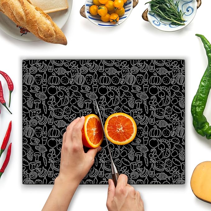 Kitchenville Glass Cutting Board 16"x12": Tempered Glass Kitchen Counter Protector - Durable- Scratch-Resistant, Heat-Proof - Design 4 - Black Design