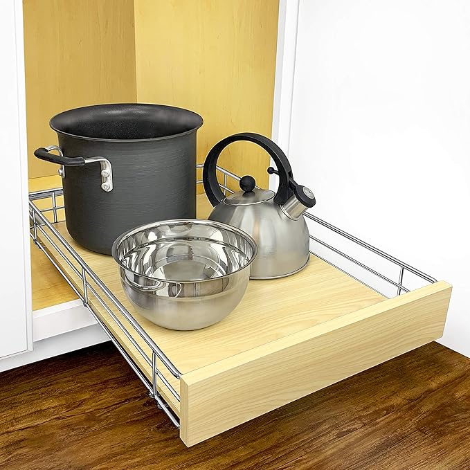 LYNK PROFESSIONAL® SELECT™ Pull Out Cabinet Organizer, 14" x 21" Slide Out Drawers for Kitchen Cabinets - Sliding Pull-Out Pantry Shelves – Home Shelf Organizers - Lifetime Ltd. Warranty, Wood Chrome