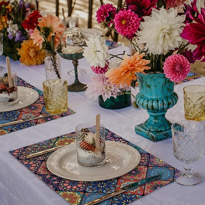 Boho Bohemian Placemats Set of 4, Vintage Seasonal Washable Linen Table Mats for Dining Table Decorations (Bohemian A, 12” x 18”)
