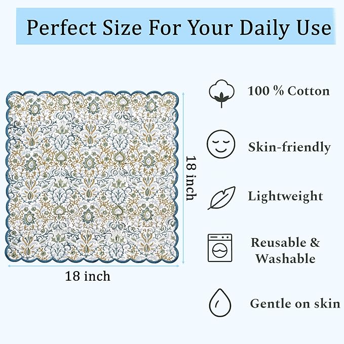 Ridhi Hand Block Print Indigo Floral 18" x 18" (Set of 4) Embroidery Table Napkins Reusable Cotton Dinner Napkins for Weddings, Parties, Everyday Dining Gift for Spring, Easter, Valentine