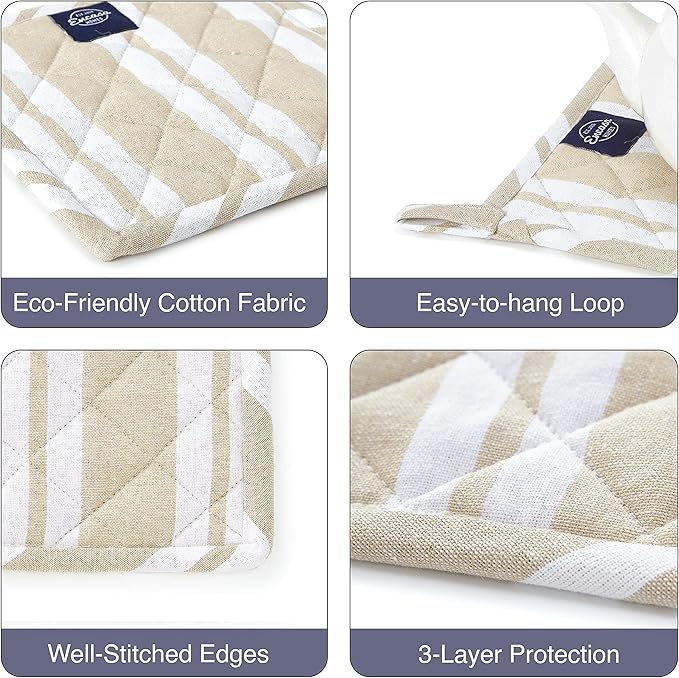 Encasa XO 8 inches Oven Microwave Potholders (2 pc Set) for Kitchen Cooking & Baking - Heat Resistant, Thick & Safe, Protection of Hands from Hot Utensils - Franca Beige Stripes