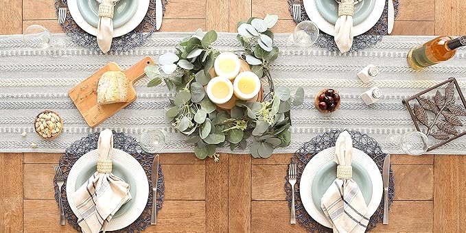 DII Farmhouse Braided Stripe Table Runner Collection, 15x72 (15x77, Fringe Included), Cool Gray