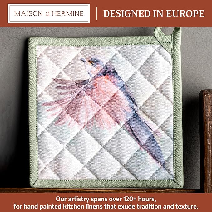 Maison d' Hermine Pot Holders 100% Cotton Heat Resistant Potholders 8" x 8" Hot Pads with Loop BBQ Cooking Baking Gifts for Mothers Day Handling Hot Pans Spring/Summer (Pack of 1, Flying Birds)