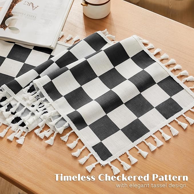 Ohocut Checkered Table Runner with Tassel Black and White Farmhouse Rustic Vintage Retro Linen Table Runner 72 Long for Dinning Race Party Decoration 13''x72''